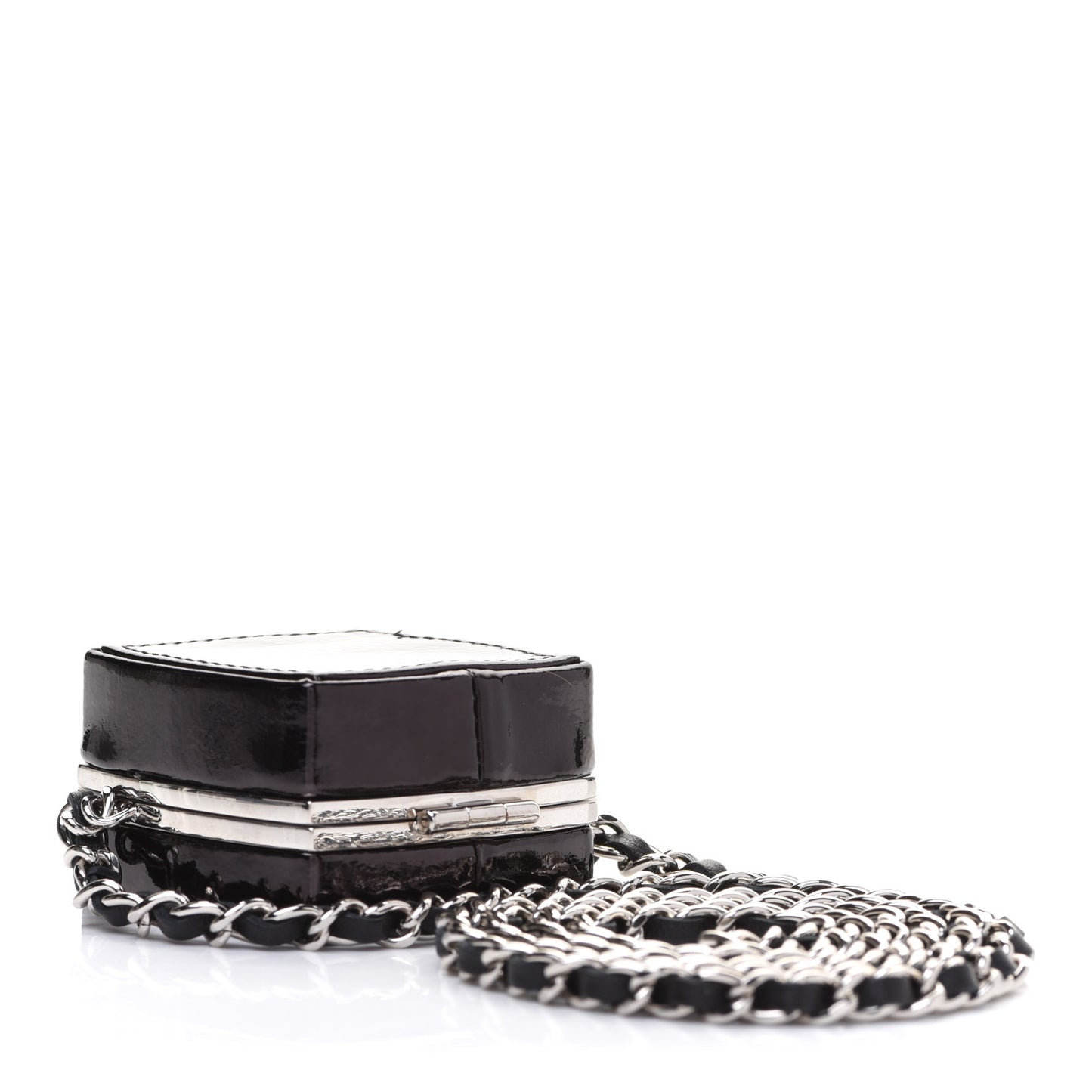 Patent Goatskin Quilted Clutch With Chain Black