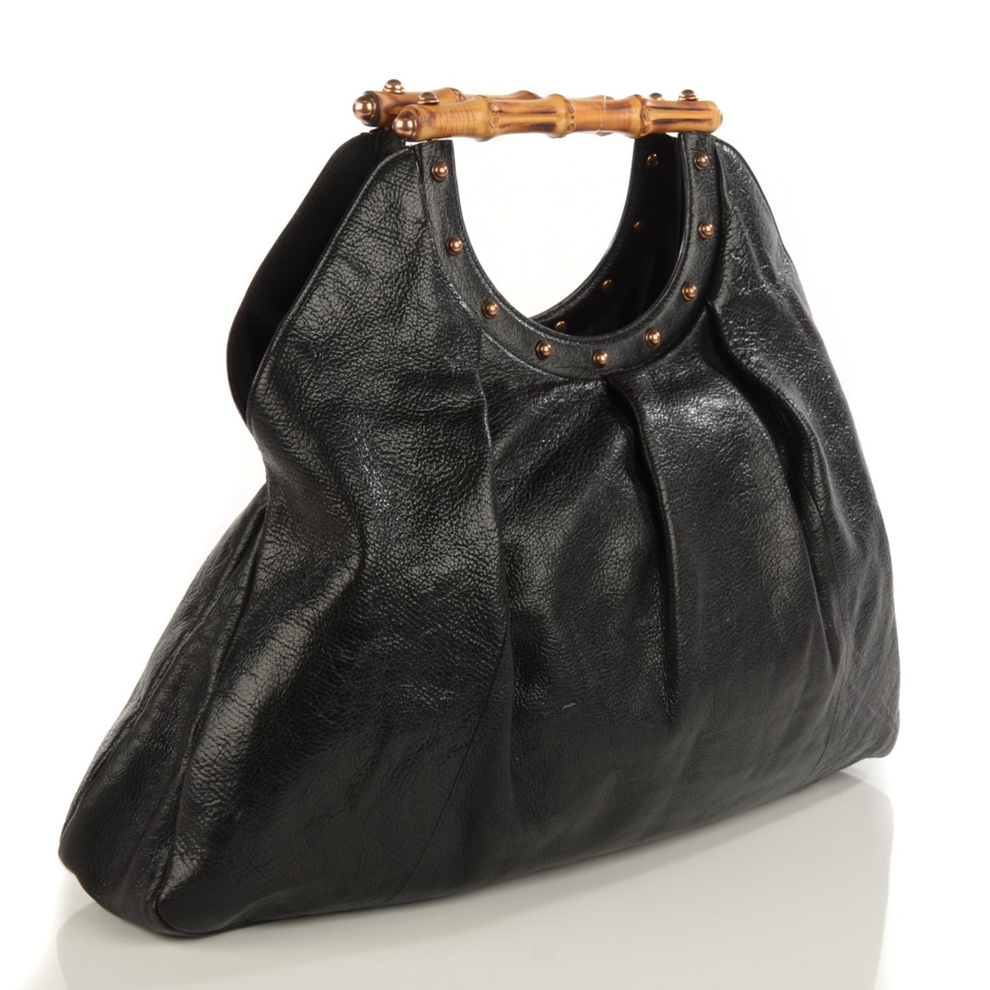 Calfskin Studded Large Bamboo Handle Tote Black
