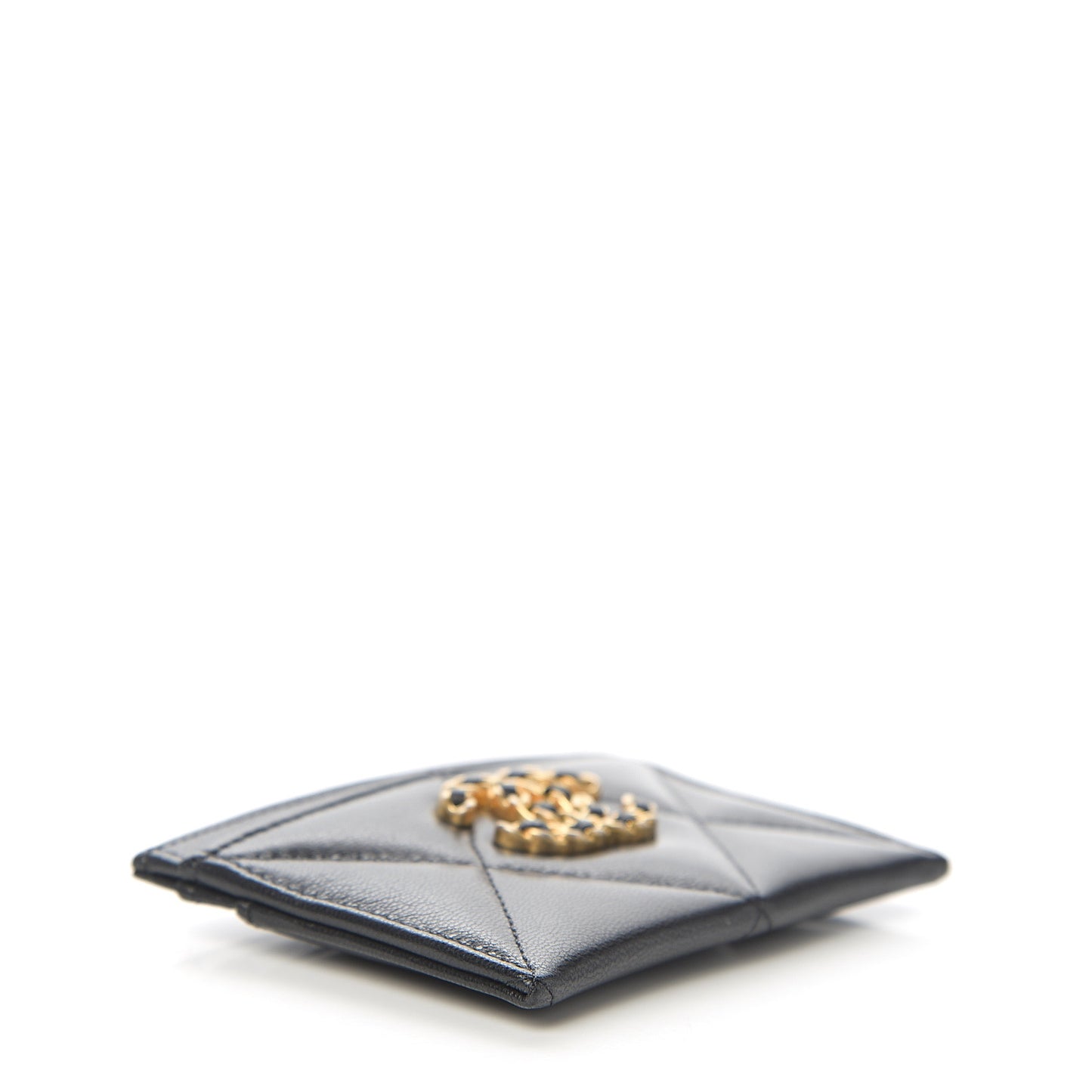Shiny Goatskin Quilted Chanel 19 Card Holder Black