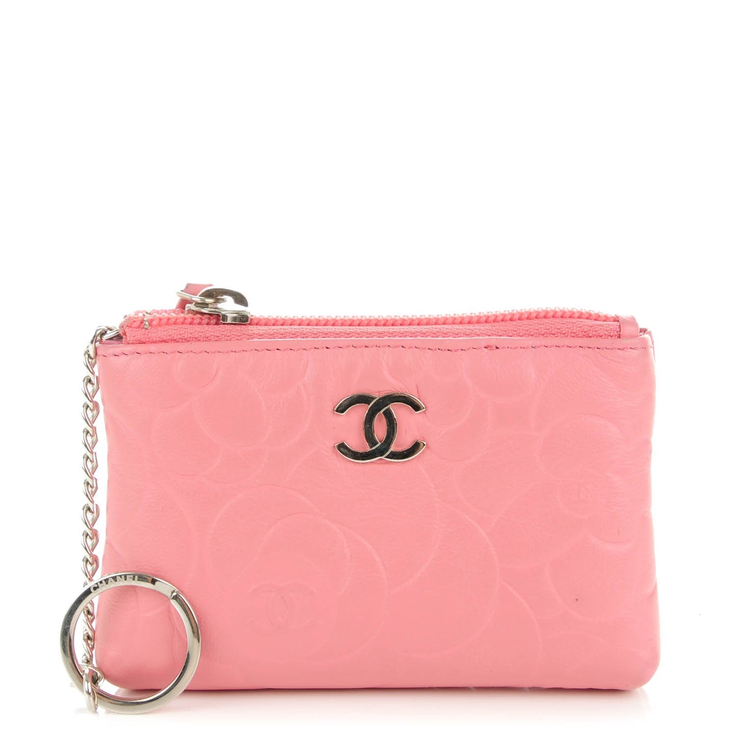 Lambskin Camellia Embossed Key Holder Case Pink