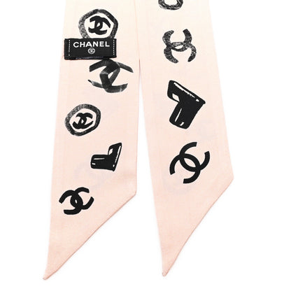 Chanel Silk Logo Slim Bandeau Scarf Pink Black 2 of 3