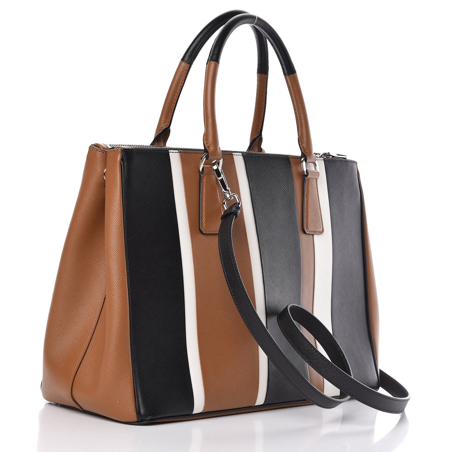 Saffiano Baiadera Striped Medium Galleria Double Zip Tote Caramel Black White