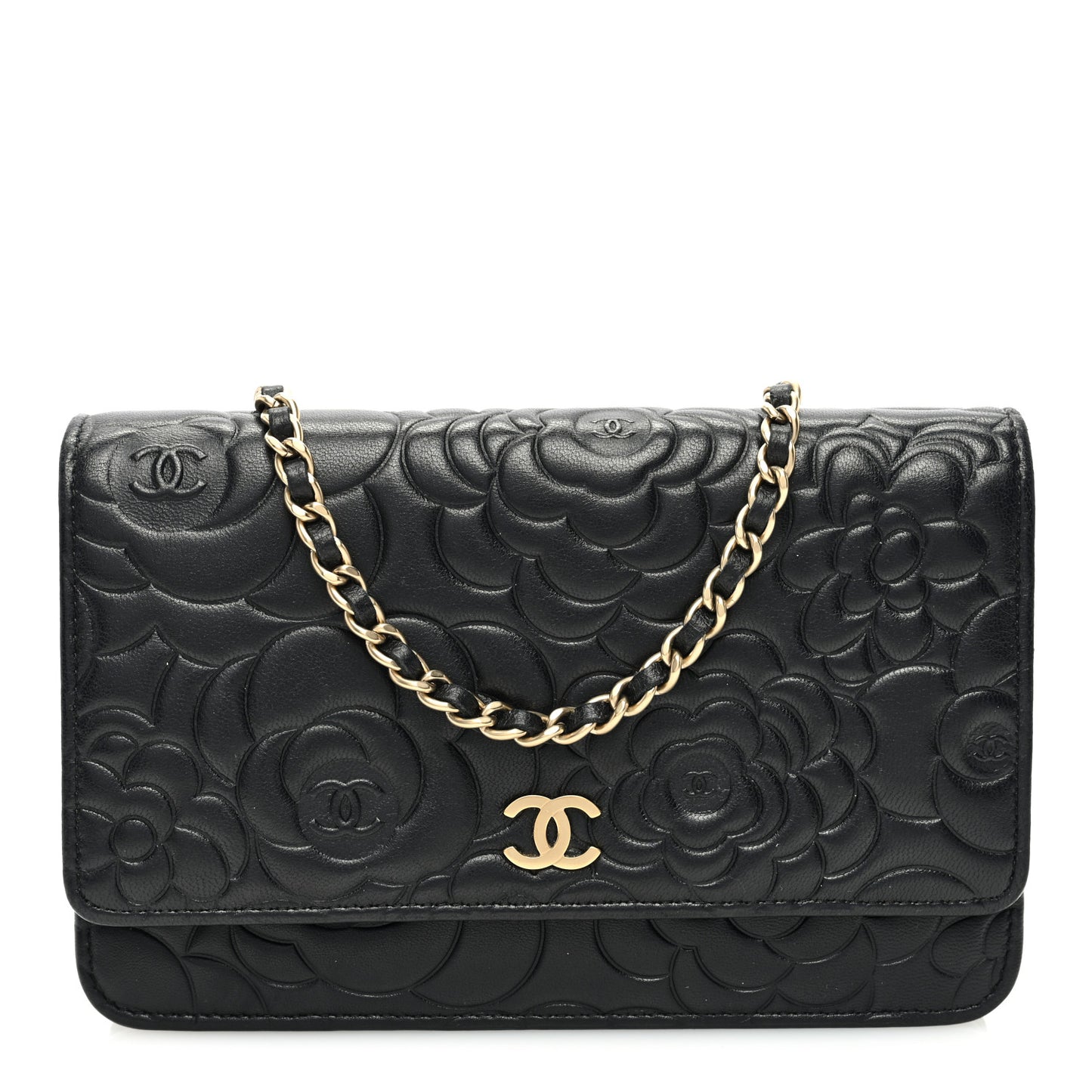 Lambskin Camellia Embossed Wallet On Chain WOC Black