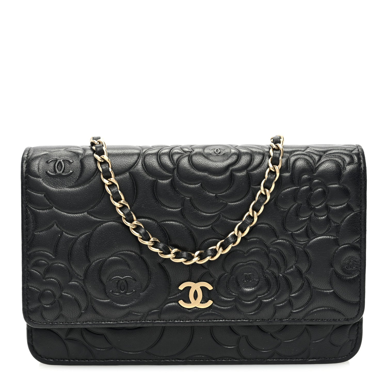 Chanel Lambskin Camellia Embossed Wallet On Chain WOC Black 1 of 11