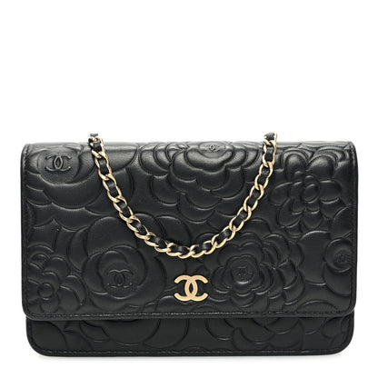 Chanel Lambskin Camellia Embossed Wallet On Chain WOC Black 1 of 11