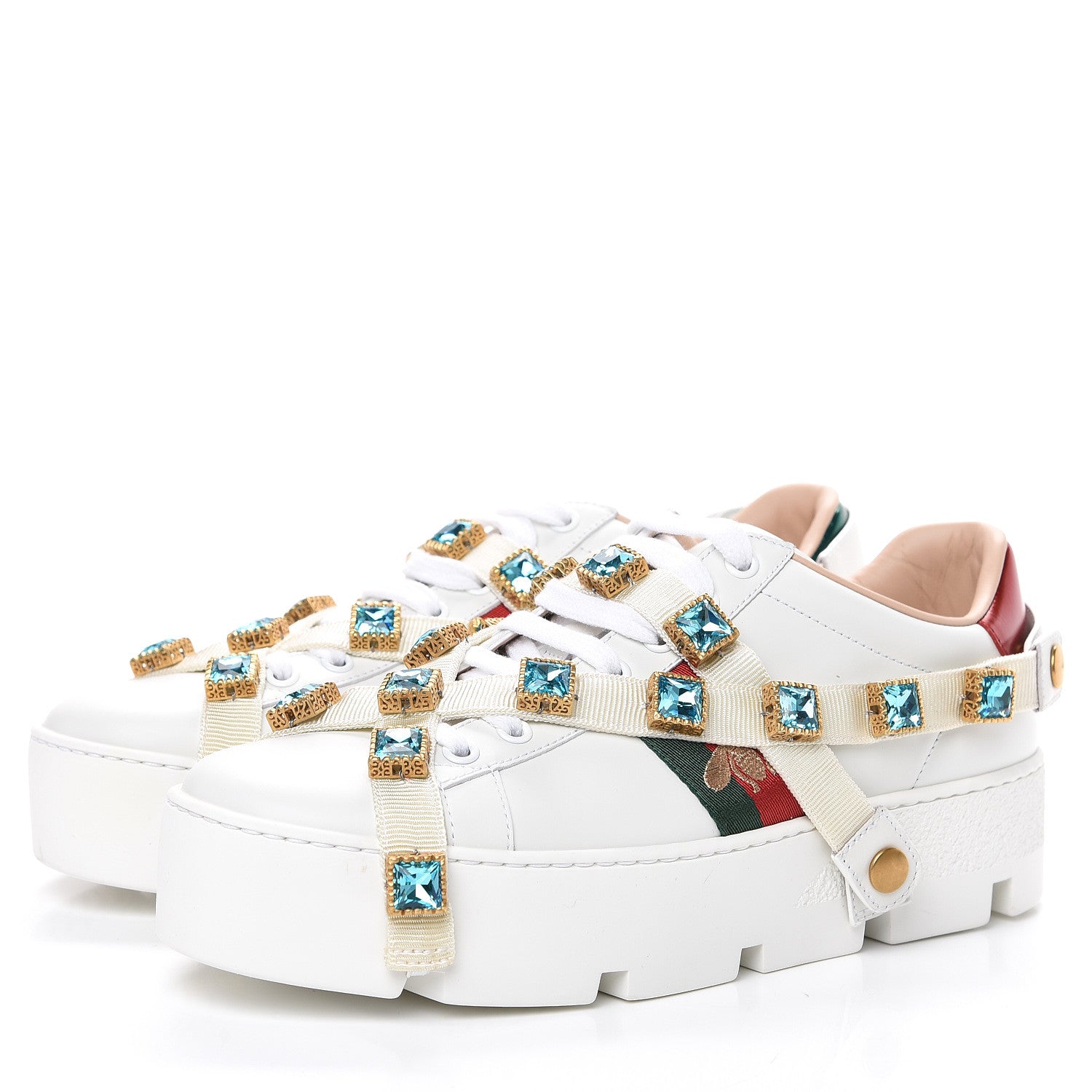 Gucci Calfskin Removable Crystals Bee Embroidered Womens Ace Platform Sneakers 37.5 White 3 of 9