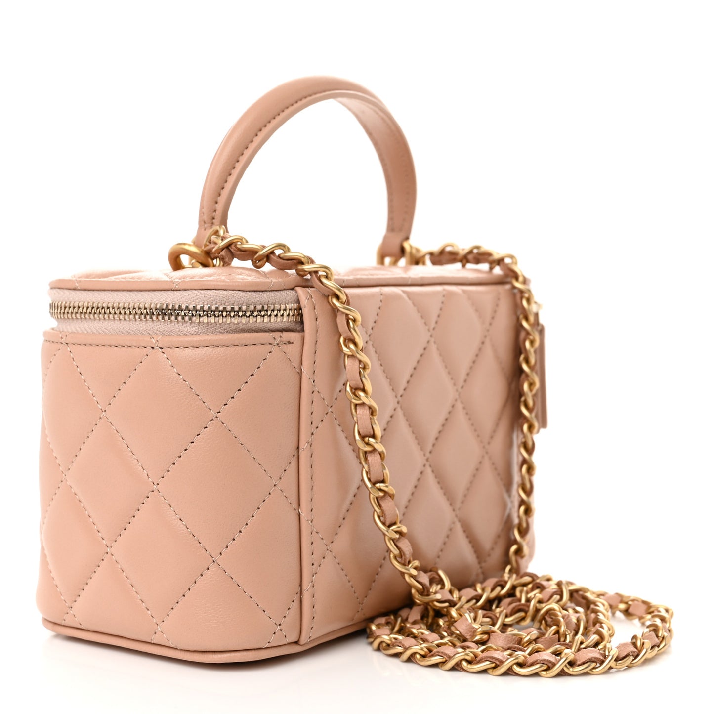 Lambskin Quilted Small Top Handle Vanity Case With Chain Beige