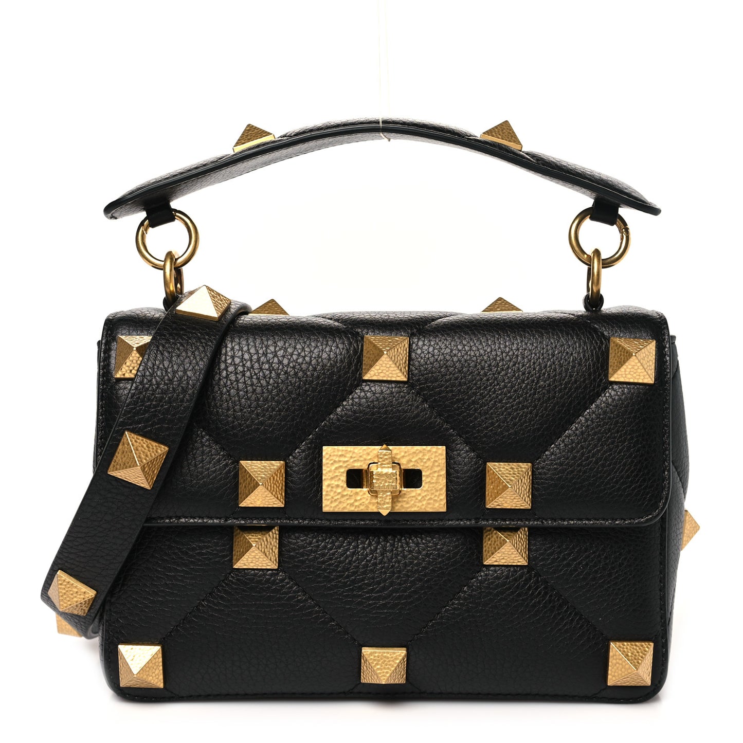Grained Calfskin Medium Roman Stud Shoulder Bag Black