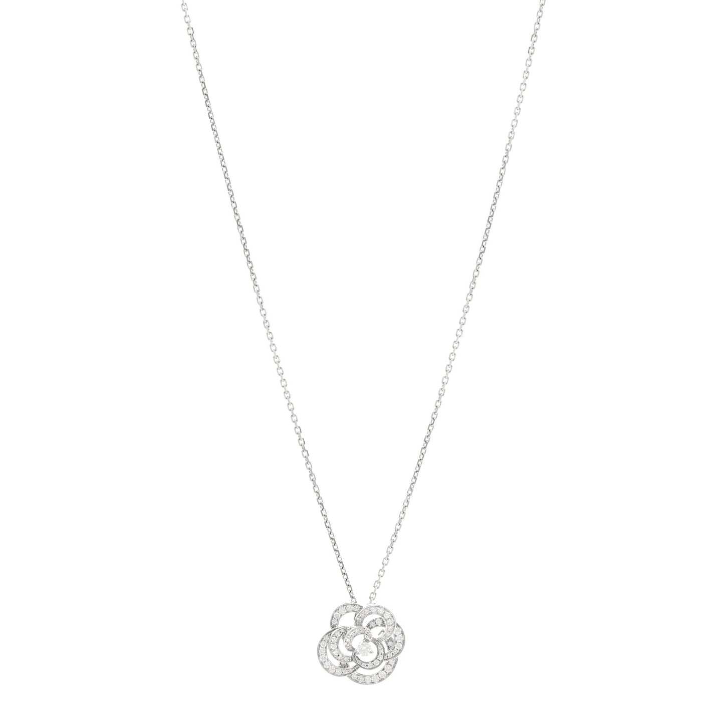 18K White Gold Diamond Small Fil De Camelia Pendant Necklace