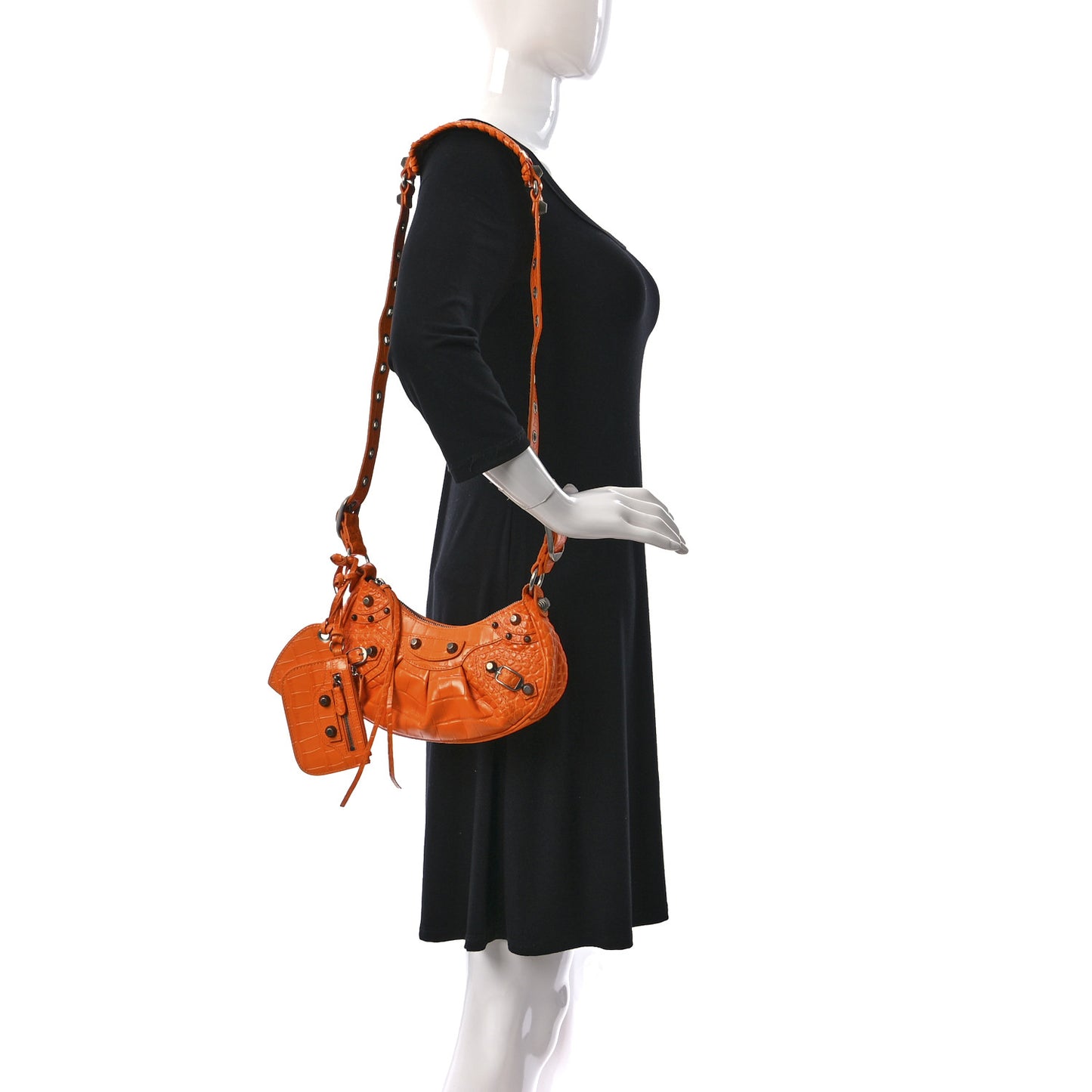 Extra Supple Calfskin Crocodile Embossed Le Cagole Shoulder Bag XS Pop Orange