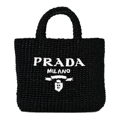 Prada Yarn Raffia Effect Crochet Small Logo Tote Black 1 of 7