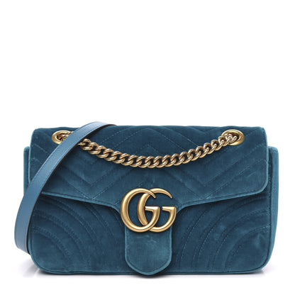 Gucci Velvet Matelasse Small GG Marmont Shoulder Bag Pavone Cyan 1 of 15