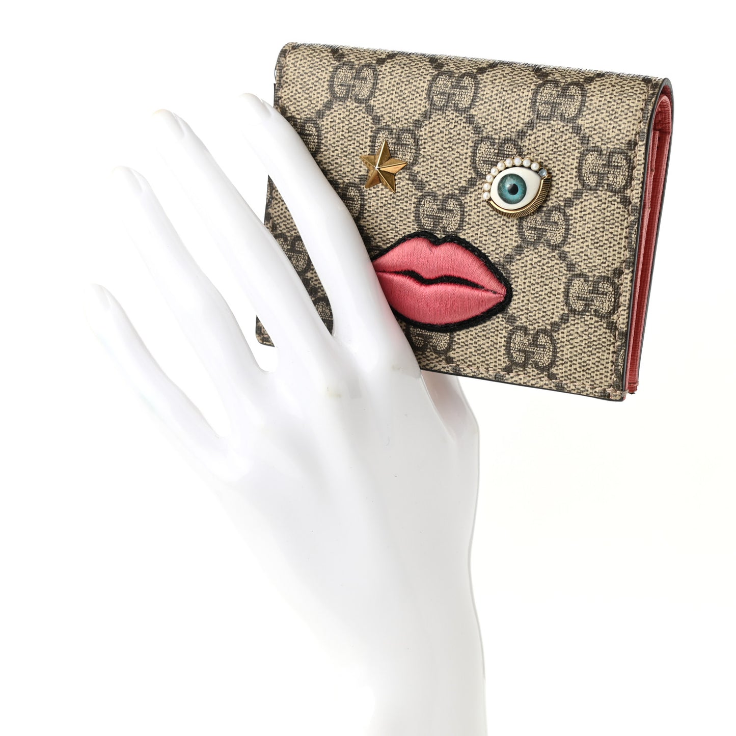 GG Supreme Monogram Face Embroidered Card Case Wallet Pink