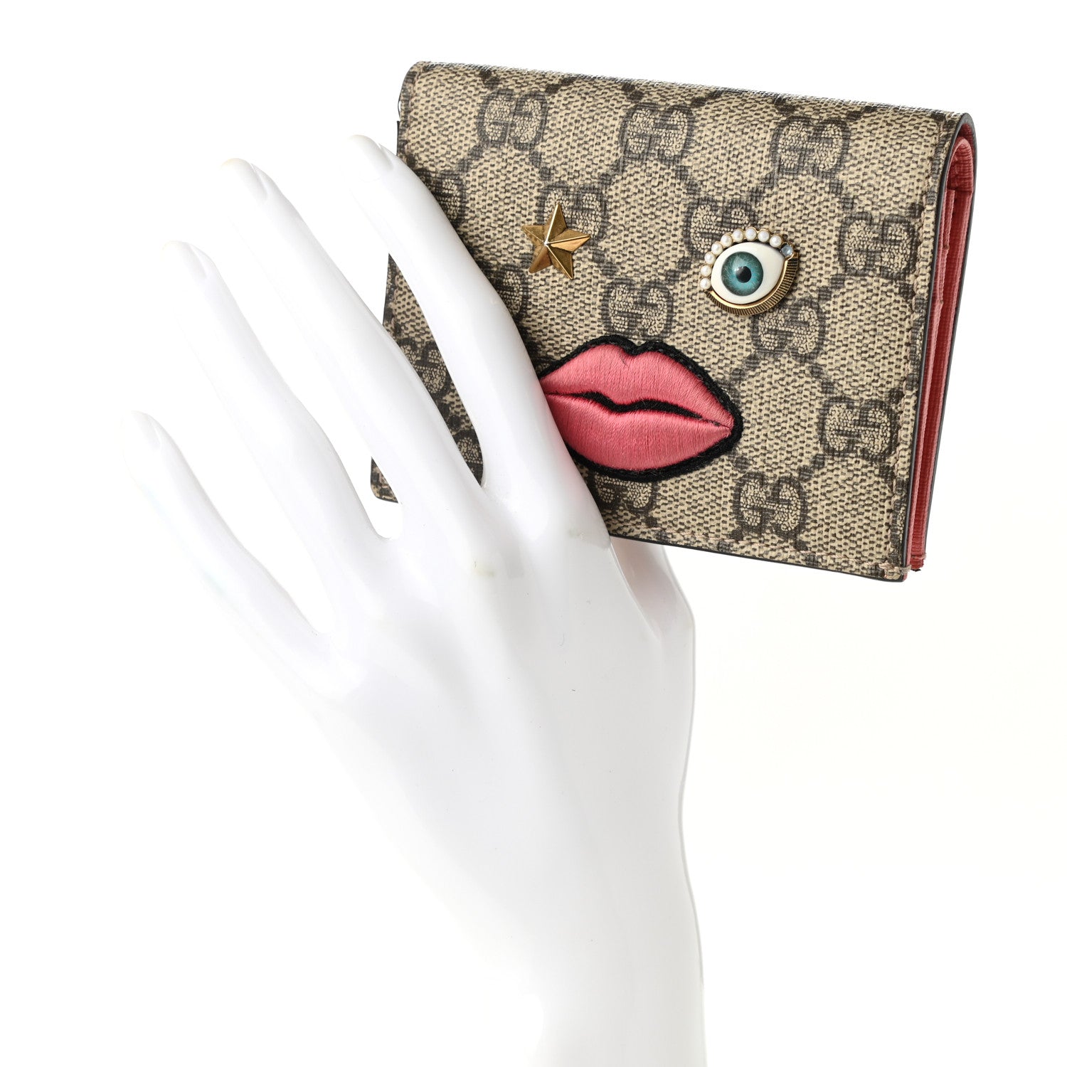 Gucci GG Supreme Monogram Face Embroidered Card Case Wallet Pink 2 of 8