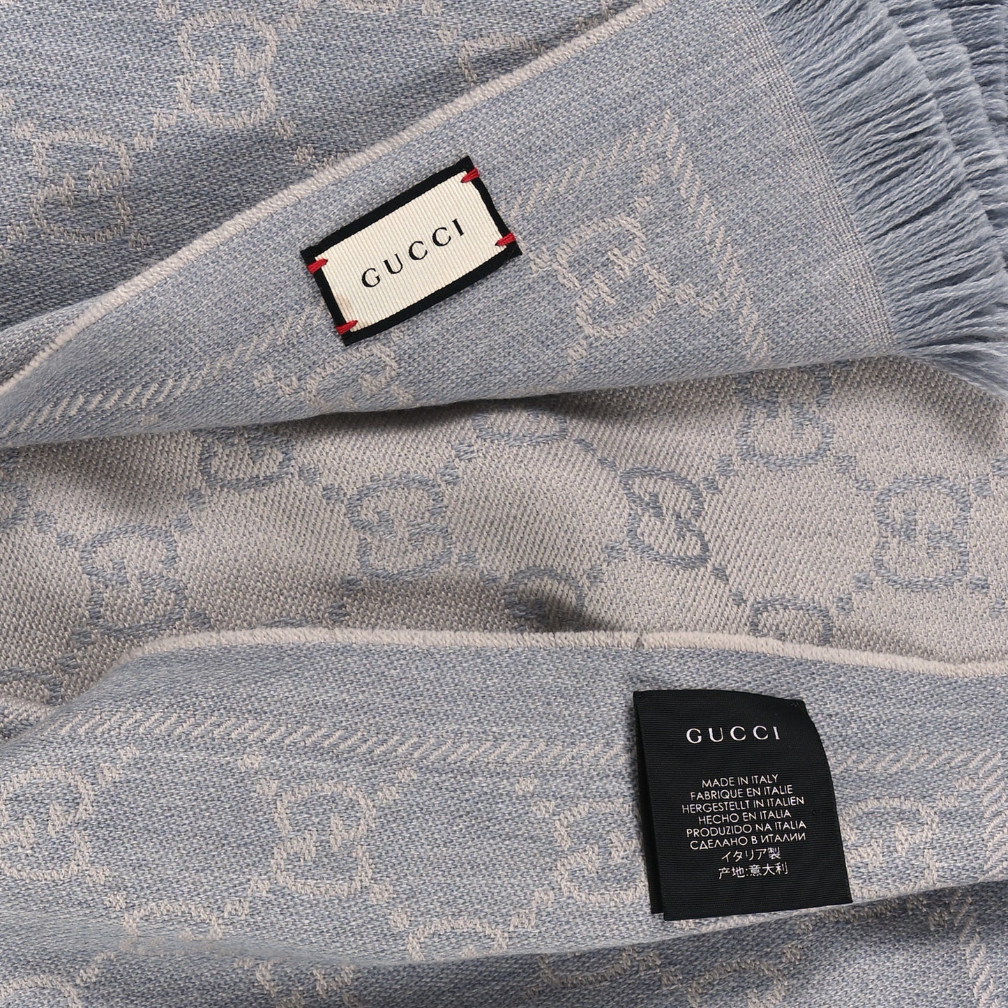 Wool Jacquard GG Monogram Sten Fringe Scarf Zinc Light Grey