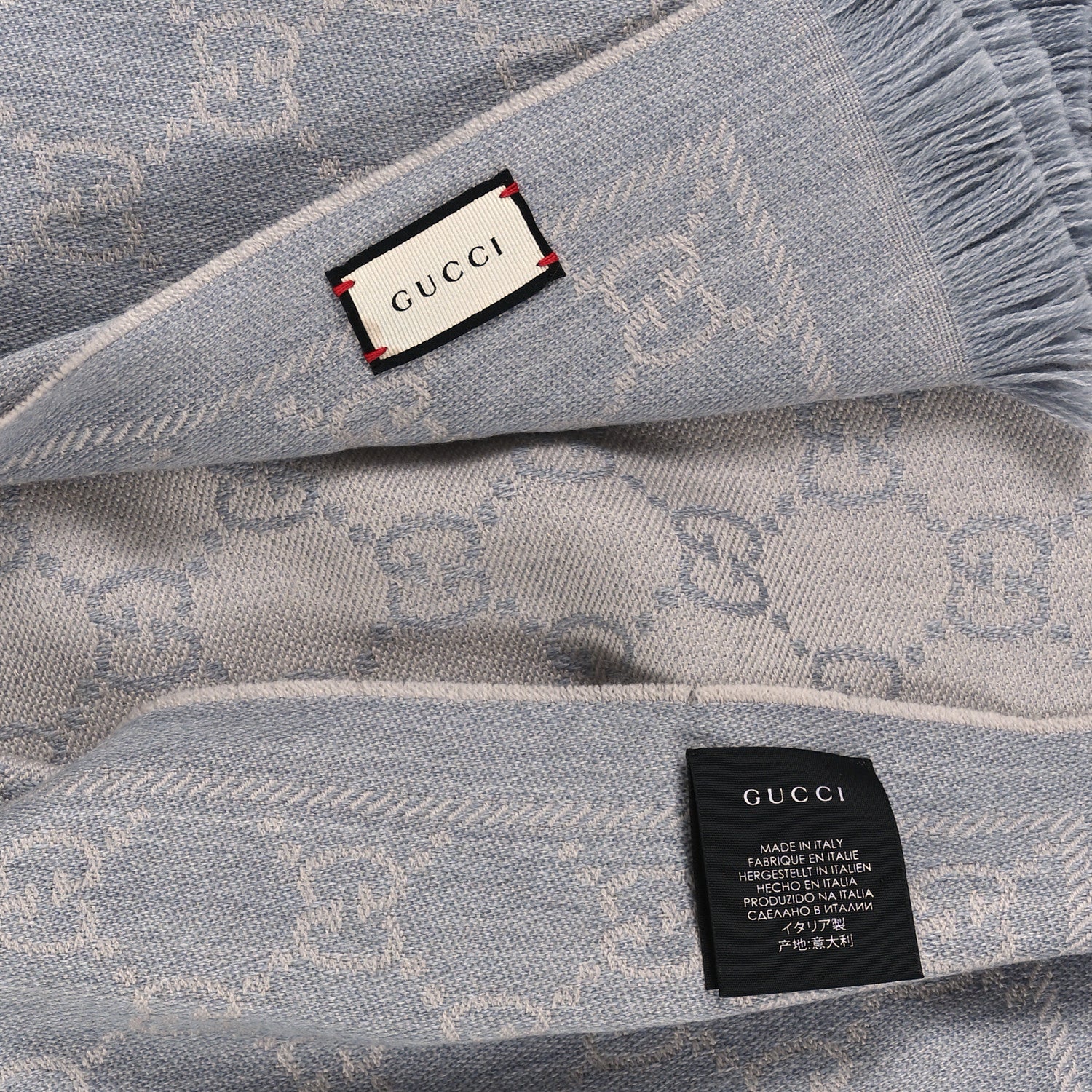 Gucci Wool Jacquard GG Monogram Sten Fringe Scarf Zinc Light Grey 3 of 3