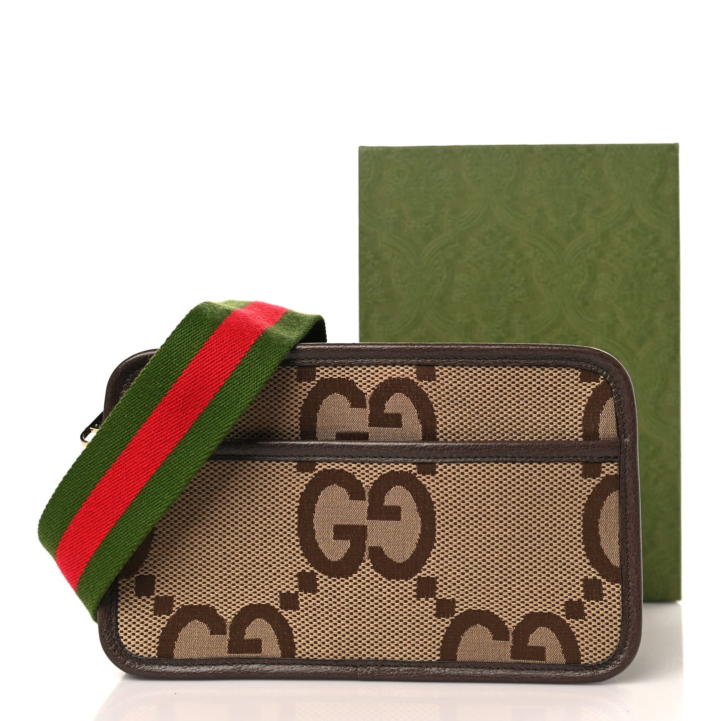 Monogram Jumbo GG Textured Dollar Calfskin Web Mini Crossbody Bag Camel Ebony New Acero