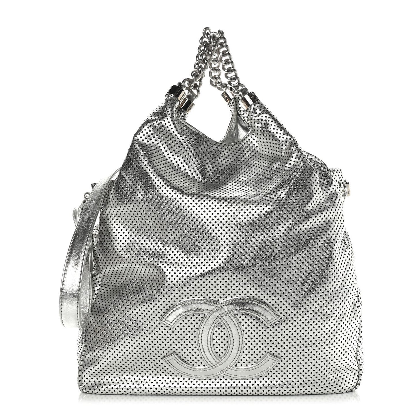 Metallic Glazed Calfskin Perforated Medium Rodeo Drive Tote Silver