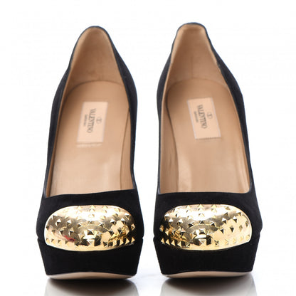 Valentino Garavani Suede Rockstud Cap Toe Platform Pumps 39.5 Black Gold 2 of 8