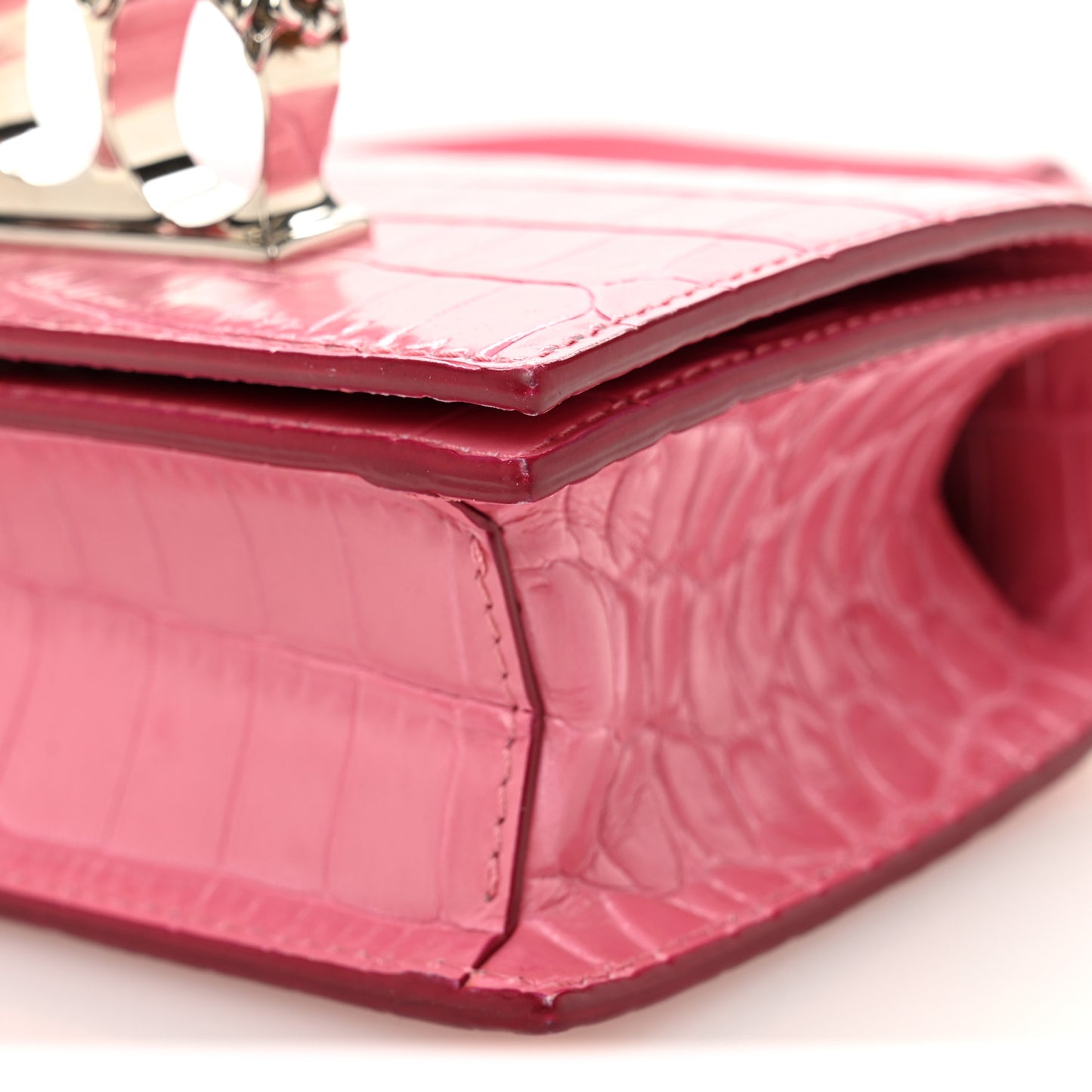 Calfskin Crocodile Embossed Mini Jeweled Knuckle Satchel Pink