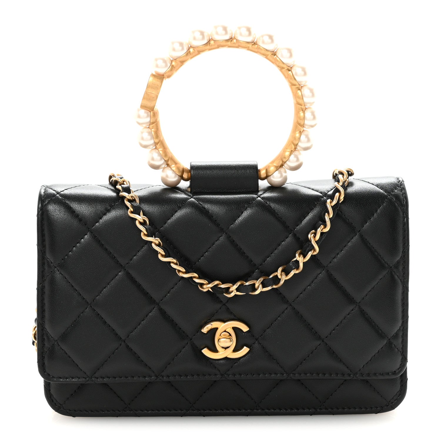 Chanel Lambskin Quilted Pearl Crown Wallet On Chain WOC Black 1 of 12