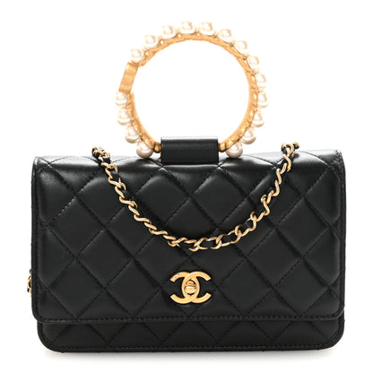Chanel Lambskin Quilted Pearl Crown Wallet On Chain WOC Black 1 of 12