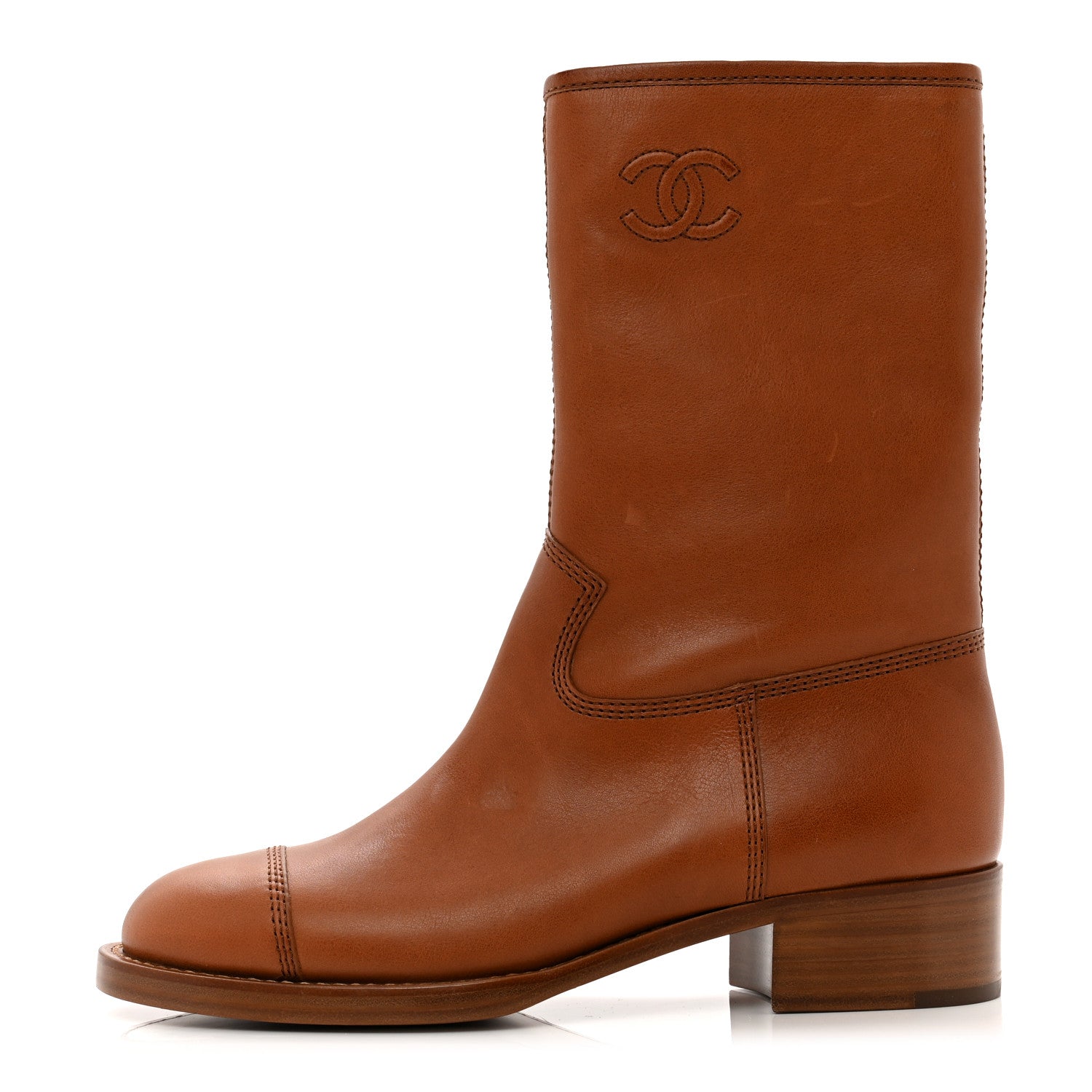 Chanel Calfskin CC Logo Mid Calf Boots 38.5 Caramel 1 of 8