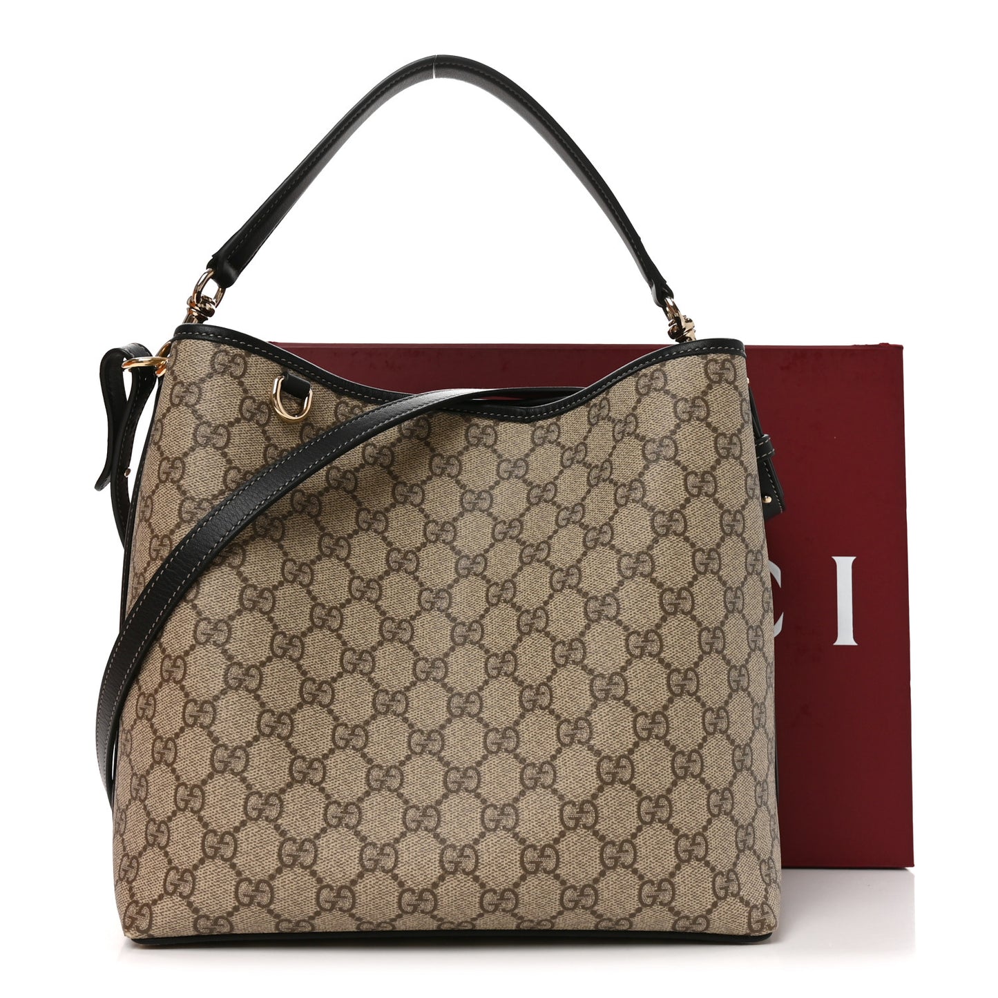 GG Supreme Monogram Medium Emblem Bucket Bag  Beige Dark Brown Black