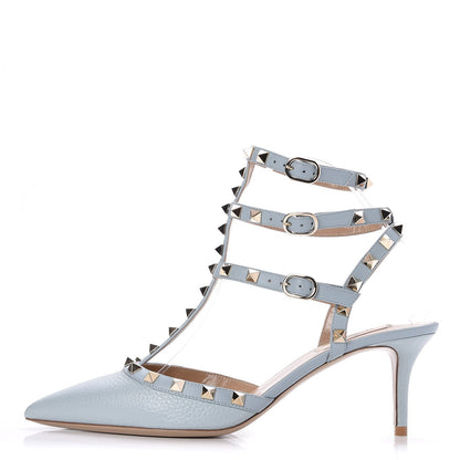 Valentino Garavani Pebbled Calfskin Rockstud Ankle Strap 65mm Pumps 39.5 Sky Sorbet 1 of 7
