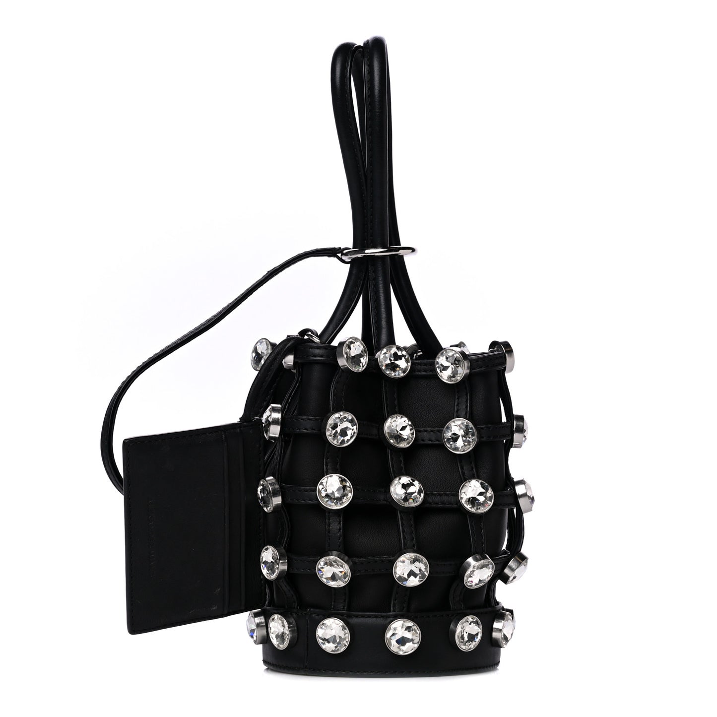Calfskin Crystal Embellished Roxy Mini Bucket Bag Black