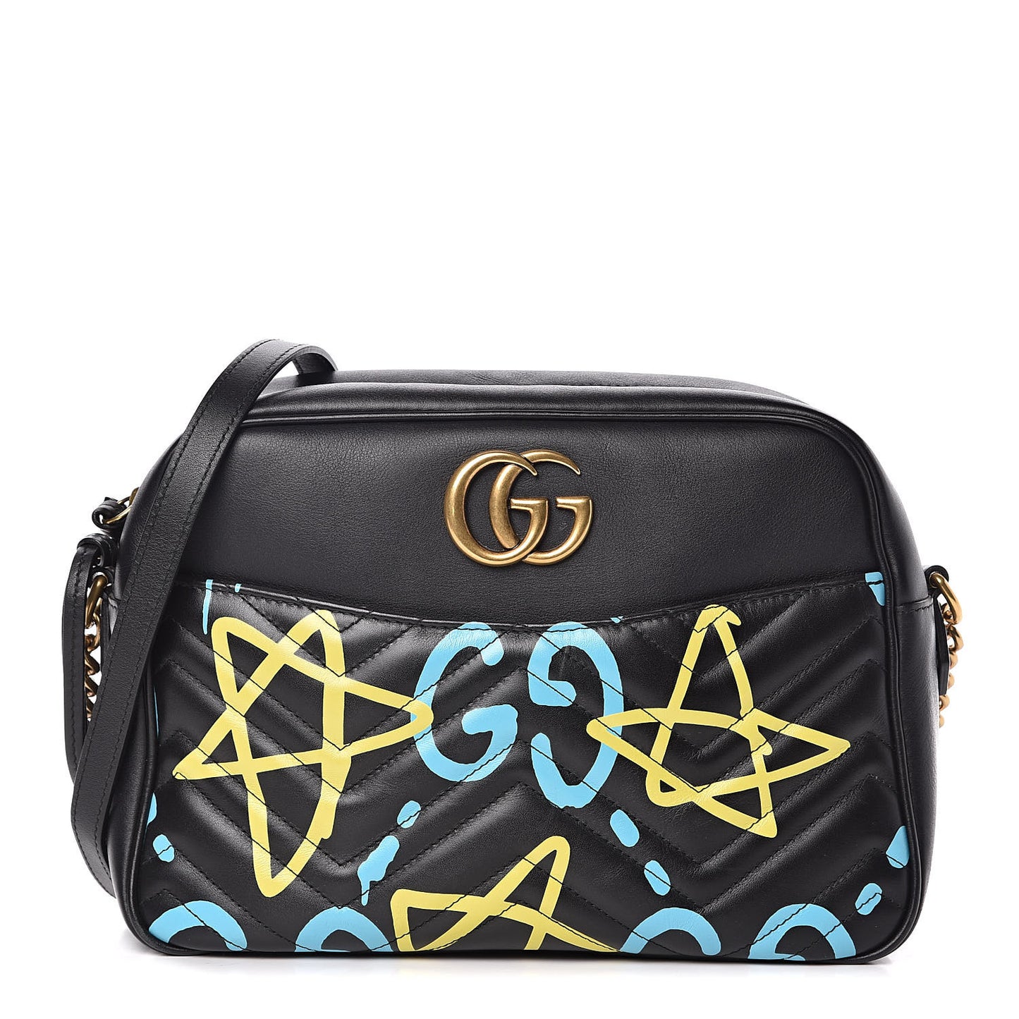 Calfskin Matelasse GucciGhost Medium GG Marmont Chain Shoulder Bag Black New Acquamarine