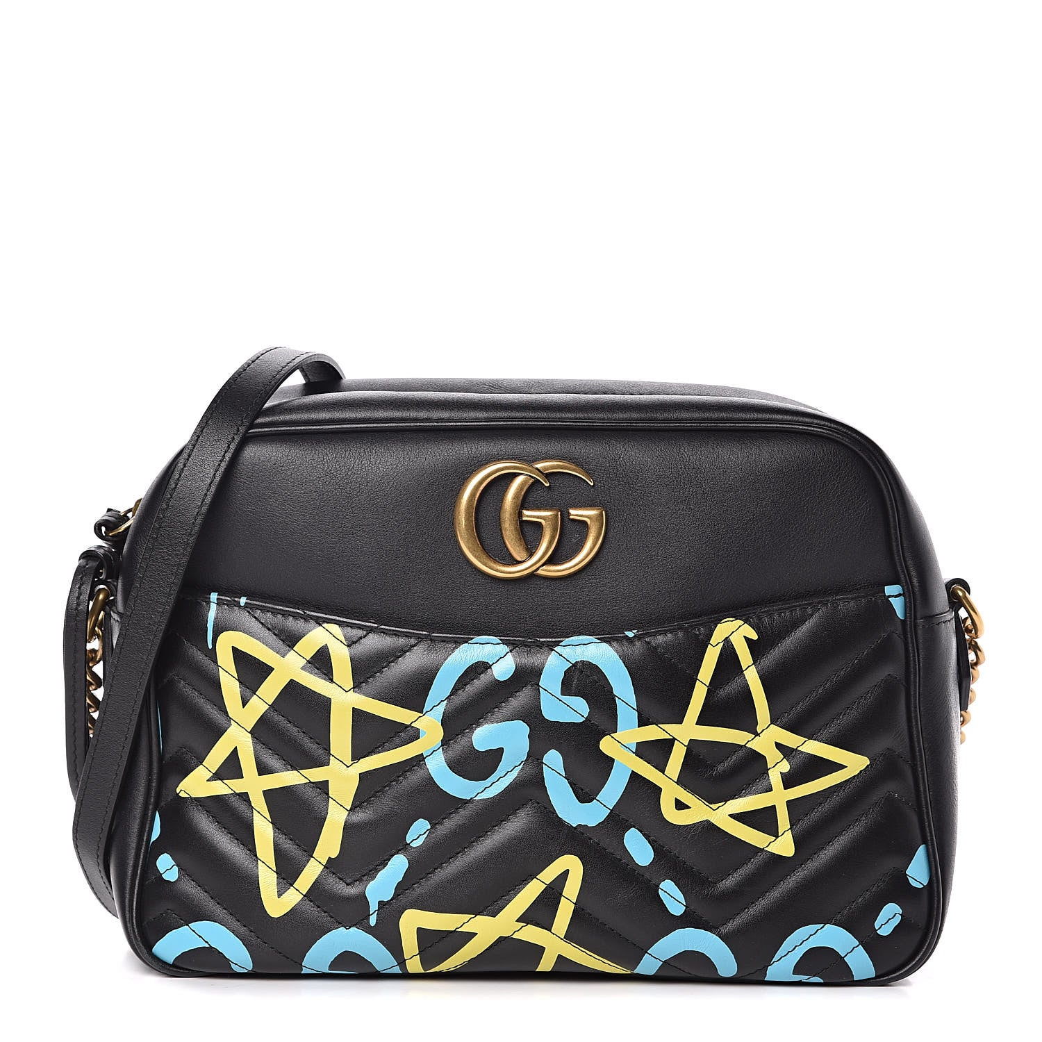 Gucci Calfskin Matelasse GucciGhost Medium GG Marmont Chain Shoulder Bag Black New Acquamarine 1 of 13