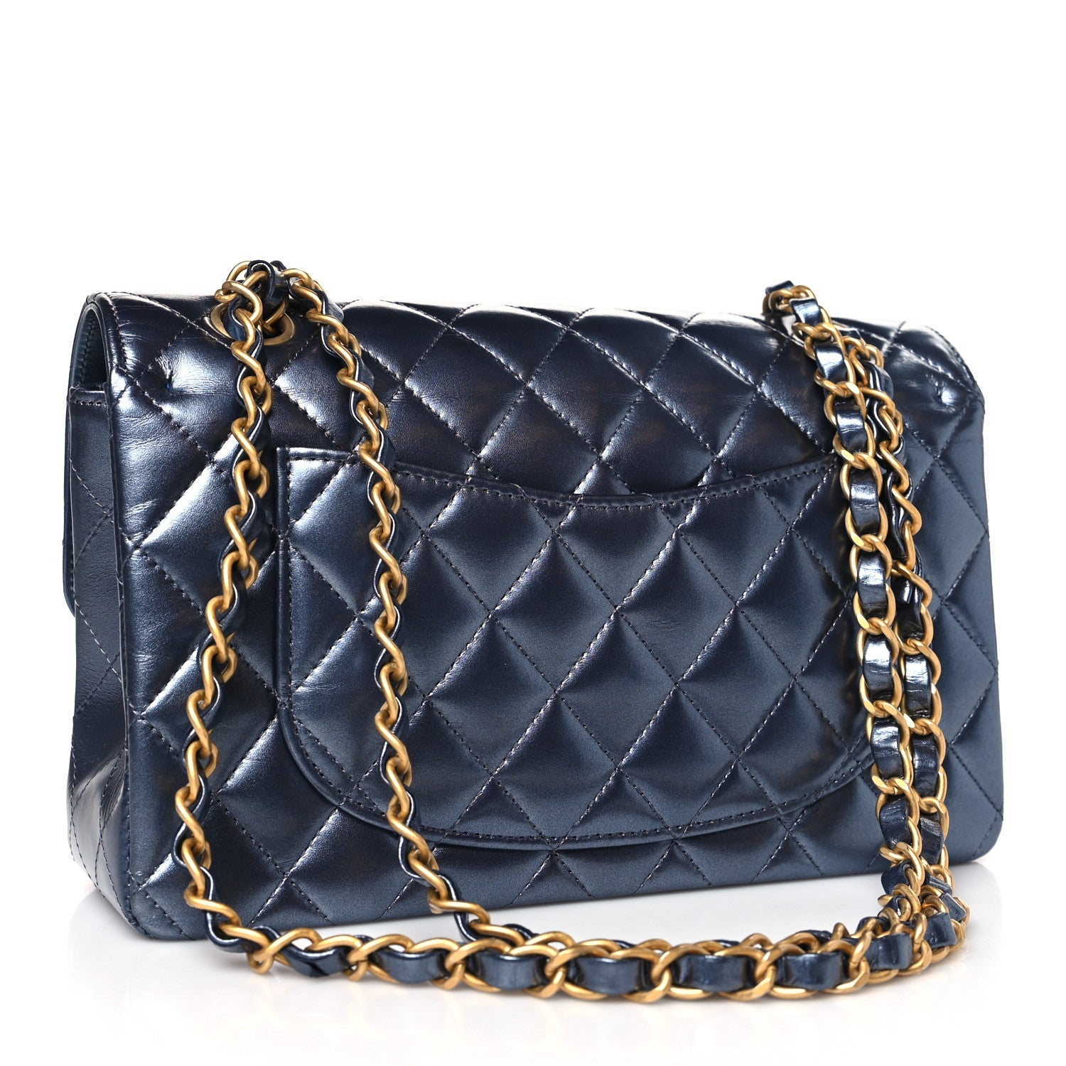 Chanel Metallic Lambskin Quilted Small Double Flap Dark Blue 3 of 9