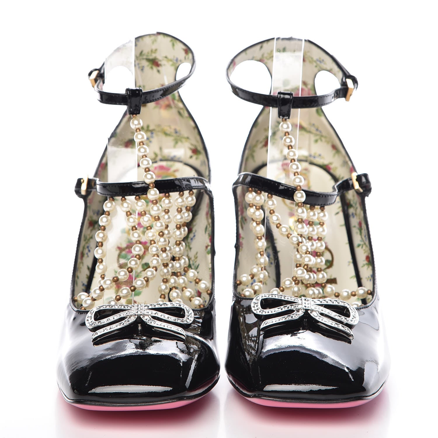 Gucci Patent Pearl Taide T-Strap Mid Heel Pumps 38 Black 2 of 9