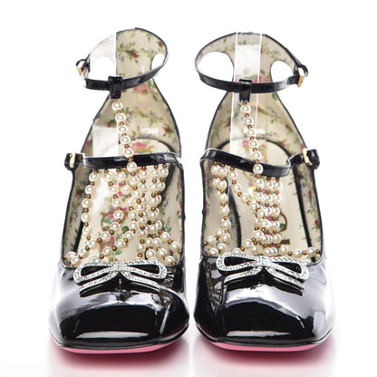Gucci Patent Pearl Taide T-Strap Mid Heel Pumps 38 Black 2 of 9