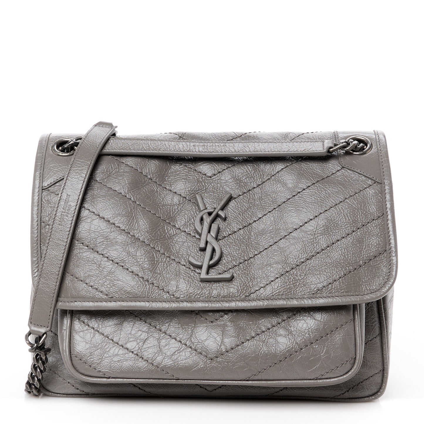 Crinkled Calfskin Matelasse Monogram Medium Niki Chain Satchel Fog