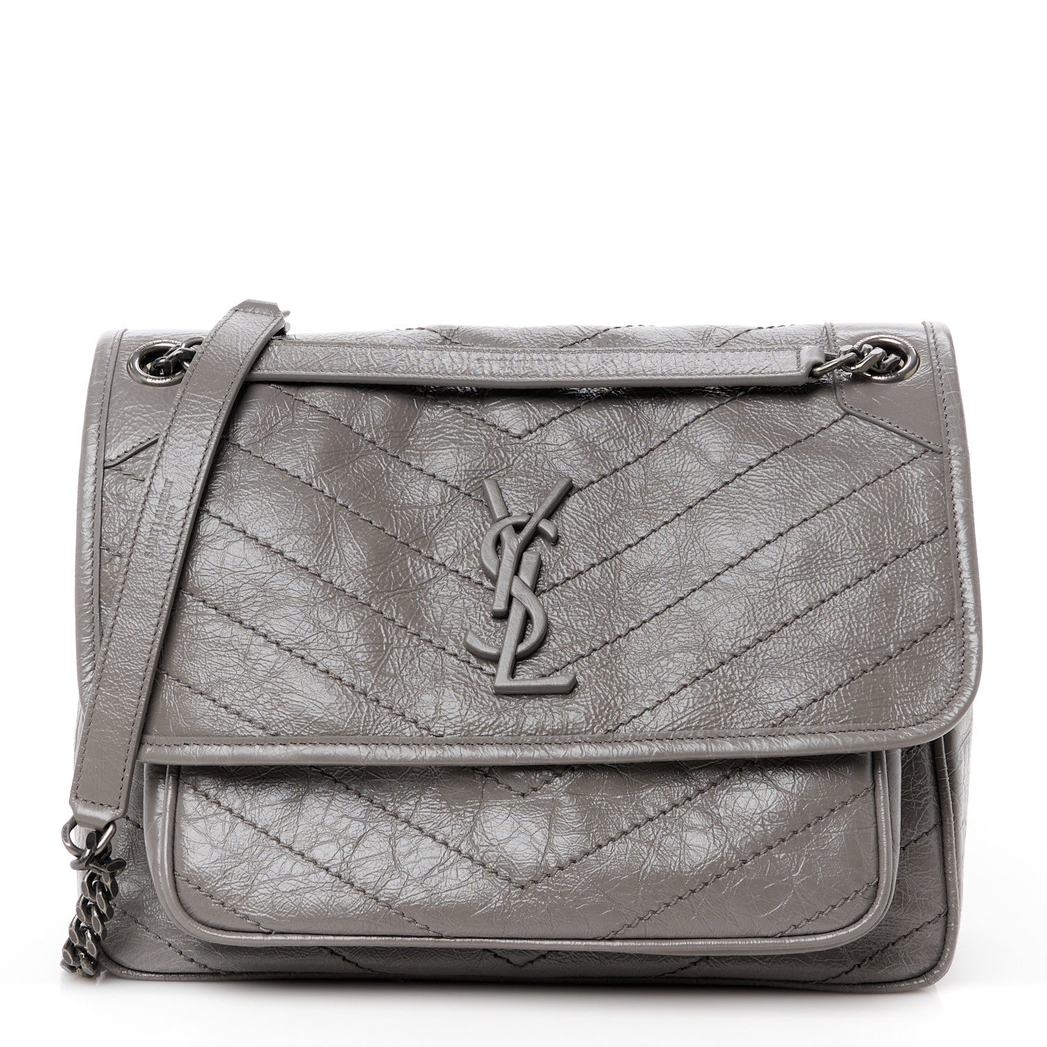 Saint Laurent Crinkled Calfskin Matelasse Monogram Medium Niki Chain Satchel Fog 1 of 11