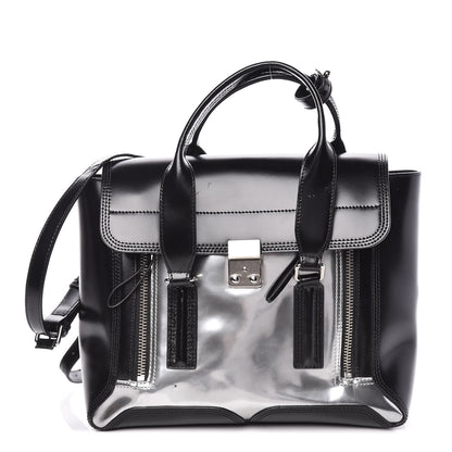 3.1 Phillip Lim 3.1 Smooth Calfskin Specchio Medium Pashli Satchel Black Silver 1 of 16