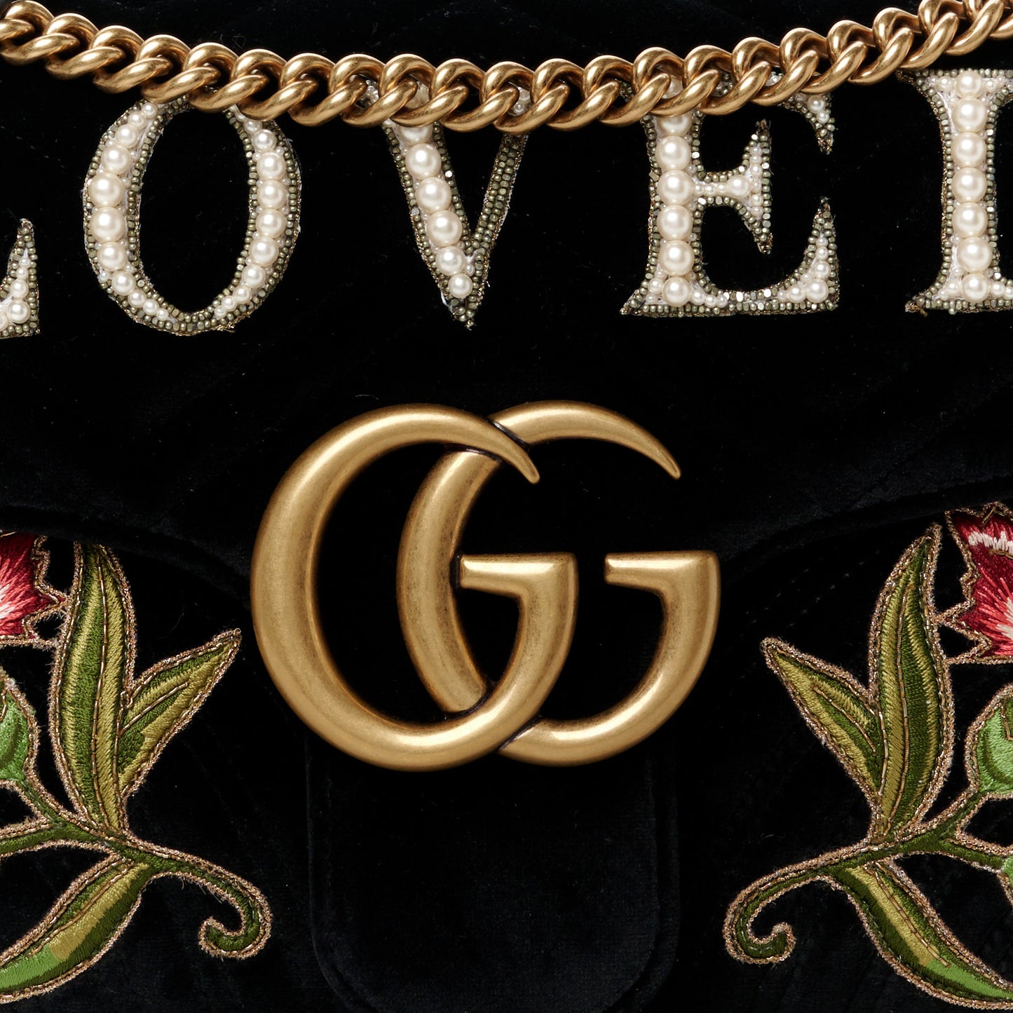 Velvet Matelasse Loved Embroidered Medium GG Marmont Shoulder Bag Black