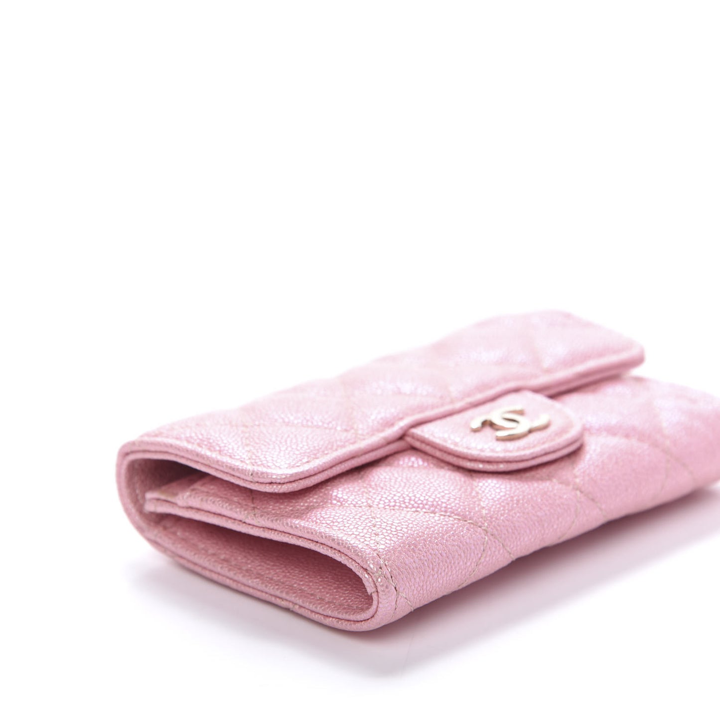 Iridescent Caviar Quilted Flap Card Holder Rose Pink
