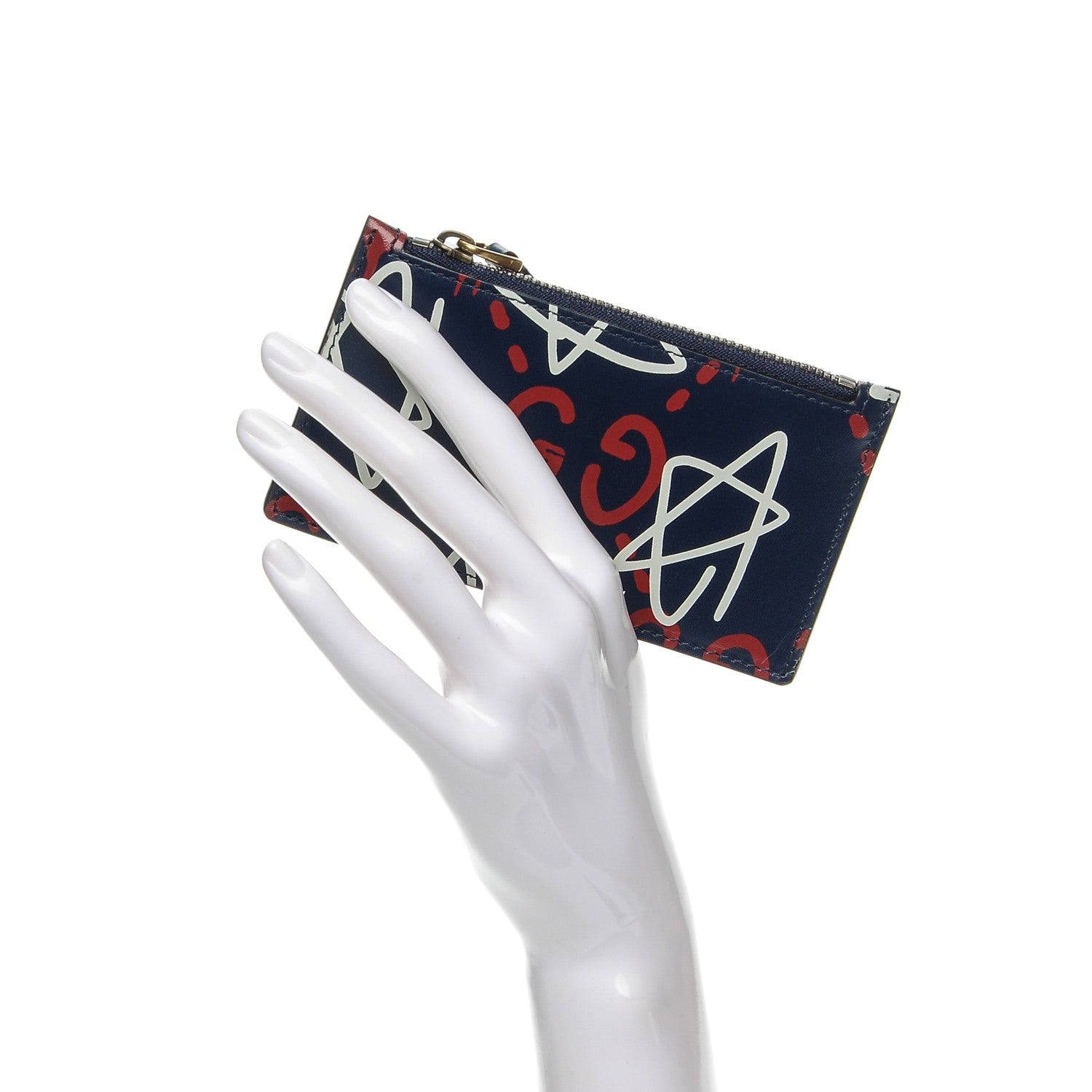 Gucci Calfskin GucciGhost Coin Case Card Holder Blue Agata Hibiscus Red 2 of 6