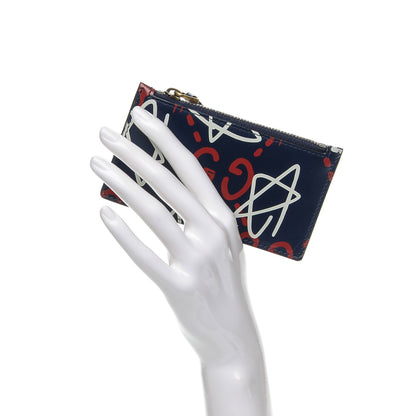 Gucci Calfskin GucciGhost Coin Case Card Holder Blue Agata Hibiscus Red 2 of 6