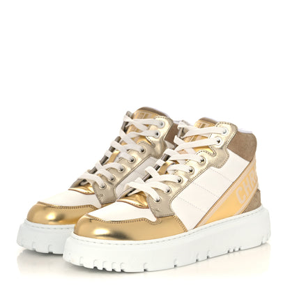 Christian Dior Nylon Laminated Calfskin Womens D-Player High Top Sneakers 37.5 White Gold 3 of 8