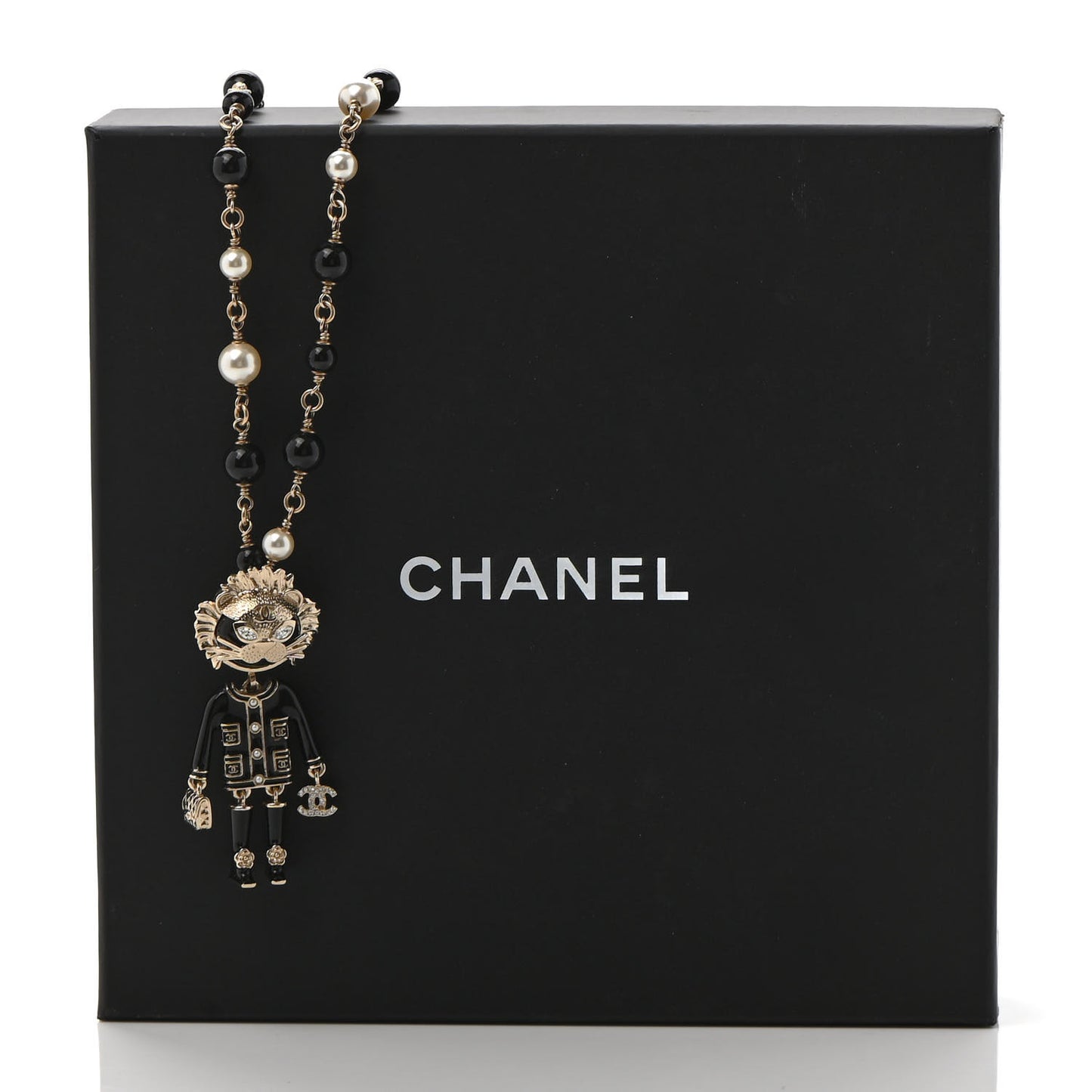 Gripoix Poured Glass Crystal Bead Pearl CC Lion Pendant Necklace Black Gold