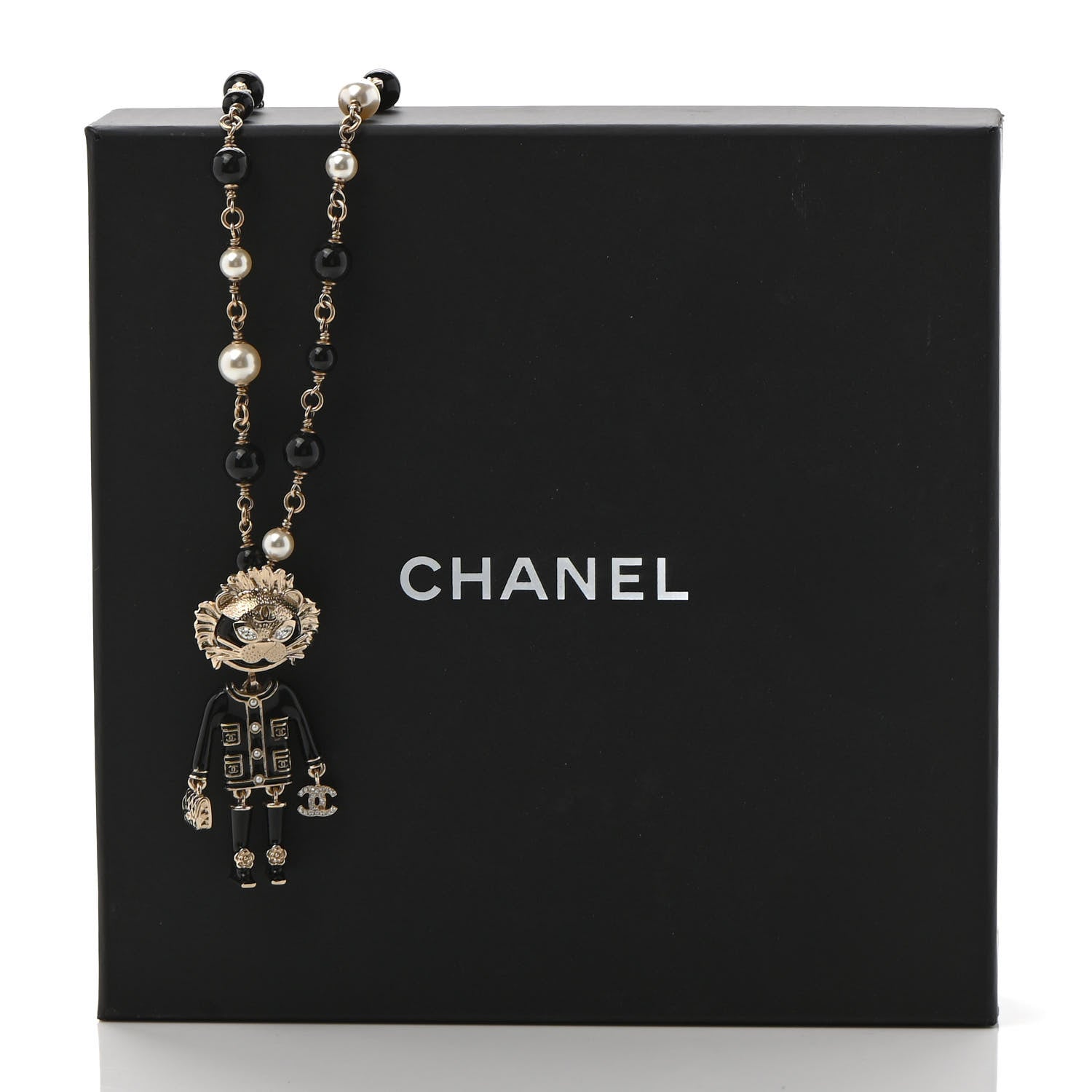 Chanel Gripoix Poured Glass Crystal Bead Pearl CC Lion Pendant Necklace Black Gold 6 of 6