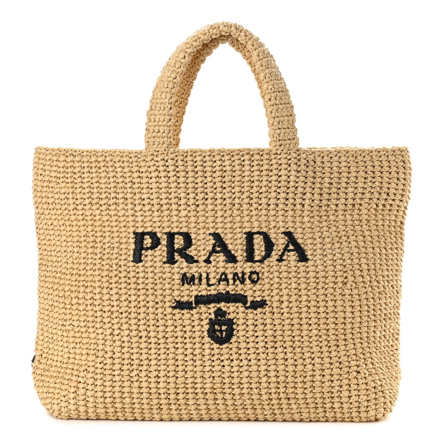 Yarn Raffia Effect Crochet Embroidered Logo Tote Naturale