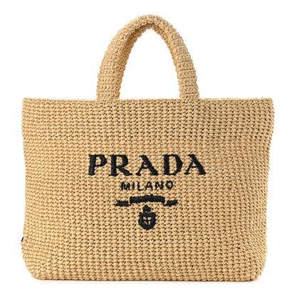 Prada Yarn Raffia Effect Crochet Embroidered Logo Tote Naturale 1 of 10