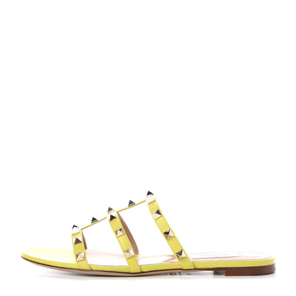 Valentino Garavani Nappa Rockstud Caged Flat Slide Sandals 38 Acid Yellow 1 of 9