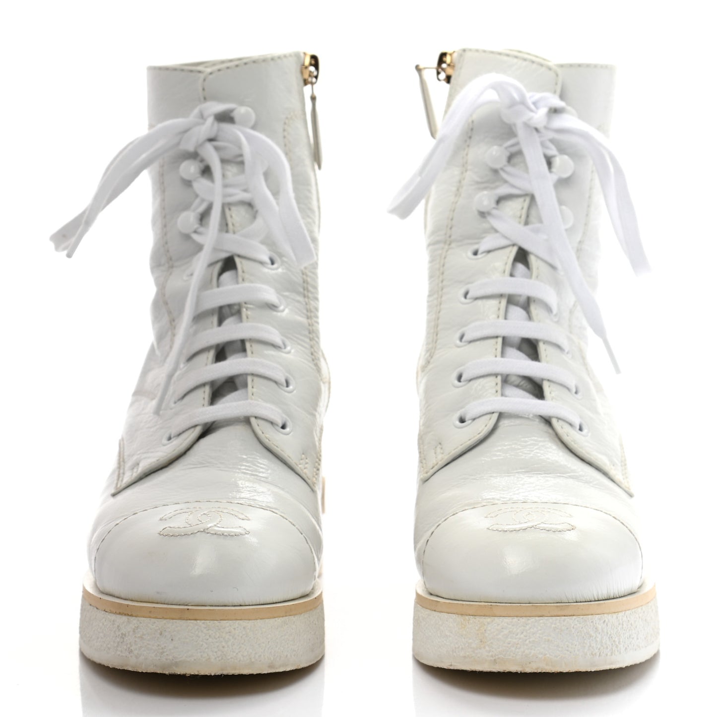 Shiny Crumpled Lambskin Lace Up Combat Boots 37 White