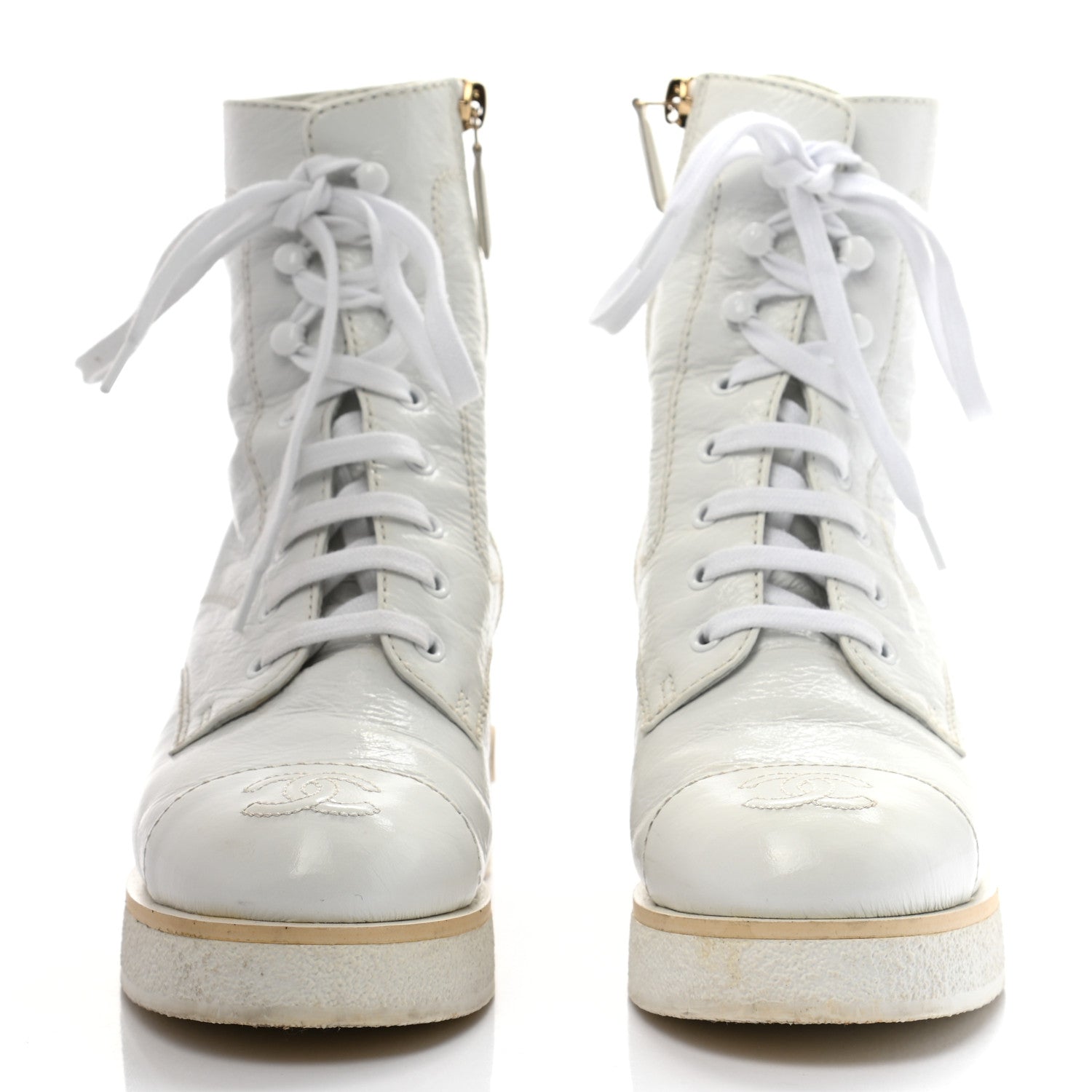 Chanel Shiny Crumpled Lambskin Lace Up Combat Boots 37 White 2 of 11